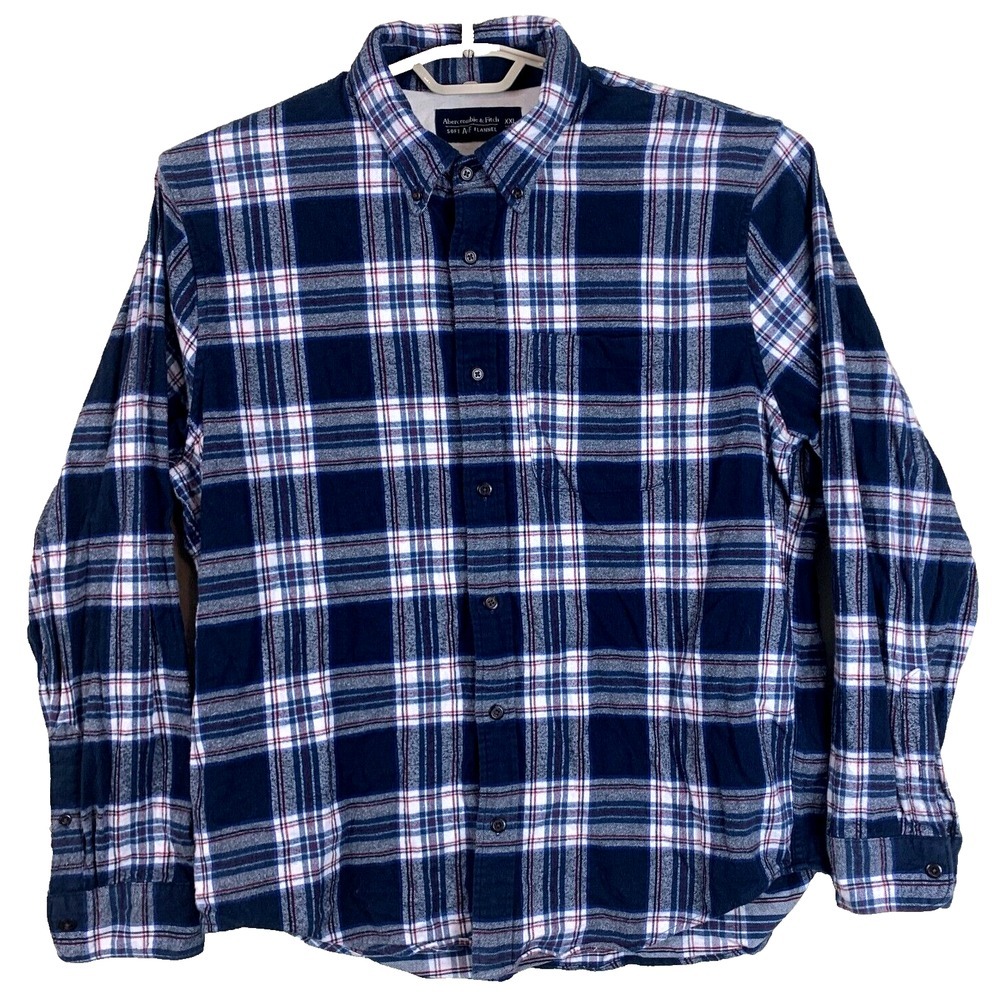 Abercrombie & Fitch Men's Flannel Shirt Soft A&F Blue Plaid Button‎ Down XXL-2XL